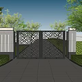 Stylish Building Exterior Wall With Intricate Carved Gate Lush Greenery And Reflective Tiled Pathway