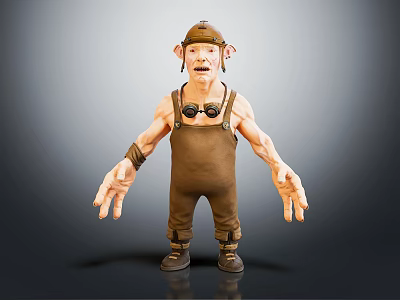 3D Cartoon Character Wearing Brown Overalls Cap Big Ears And Headphones 3d model