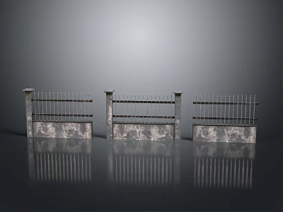 Scenic View Of Metal Fences With Stone Bases Gray Background And Ground Reflections 3d model
