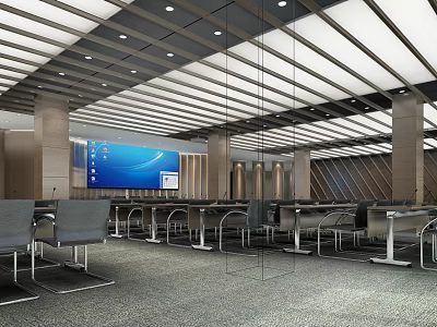 Modern Conference Room Interior With Large Screen Tables Chairs And Striped Ceiling 3d model
