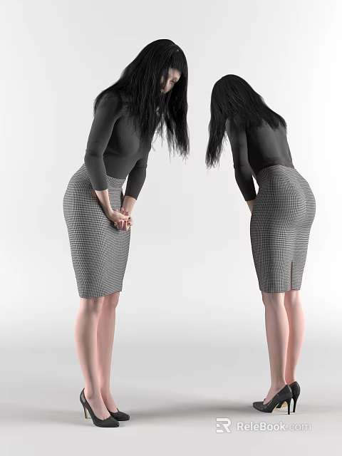 Stylish Women in Black Tops and Plaid Skirts Back View Bending Posture 3d model 