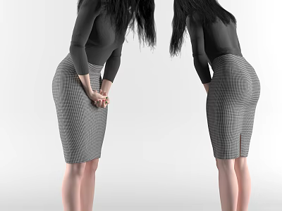 Stylish Women in Black Tops and Plaid Skirts Back View Bending Posture 3d model