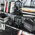 Decorative Ornament Set With Books Headphones Camera Clock Laptop On Shelf