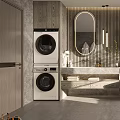 Modern Bathroom Interior Design With Washer Dryer Mirrors Vanity Toilet And Shower Area