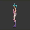 Woman In Pink Top With Blue Hair Striped Pants Gloves And Roller Skates