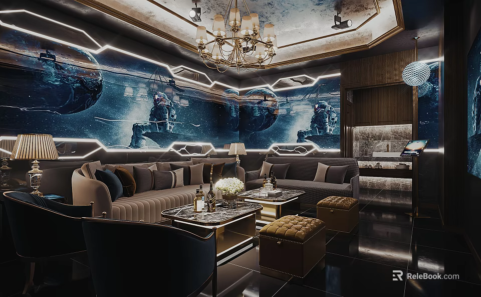 Luxurious KTV Interior Design With Comfortable Sofas Chandelier Mural And Decorative Lighting 3d model 