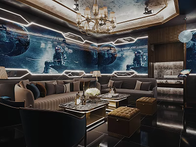 Luxurious KTV Interior Design With Comfortable Sofas Chandelier Mural And Decorative Lighting 3d model