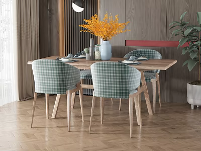 Wooden Dining Table Set With Green Checkered Chairs Yellow Flowers Vase And Potted Plant 3d model