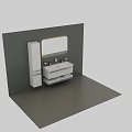 Sleek White Bathroom Vanity With Green Wall Mirror And Modern Faucets