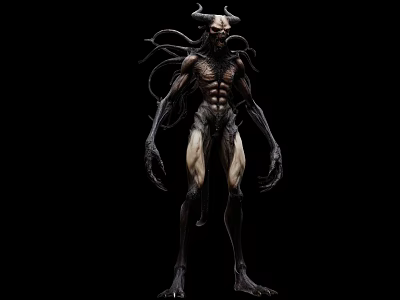 Dark Fantasy Game Movie Character With Horned Muscular Body And Tentacles Design 3d model