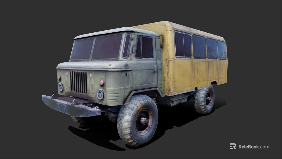 Vintage Green And Yellow Truck With Large Tires And Rustic Exterior Design 3d model 
