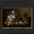 Botanical Still Life Painting With Golden Frame Various Flowers And Fruits On Dark Background