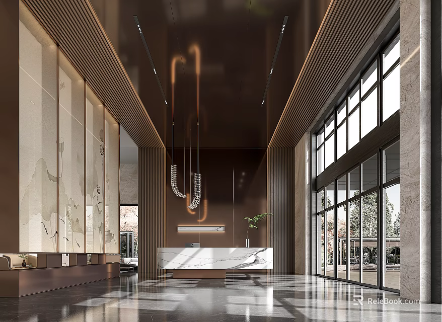 Modern Hotel Lobby Interior with Marble Floor Large Windows Pendant Lights and Reception Counter 3d model 