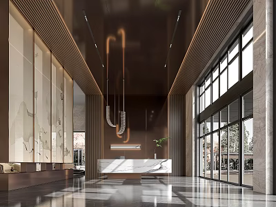 Modern Hotel Lobby Interior with Marble Floor Large Windows Pendant Lights and Reception Counter 3d model
