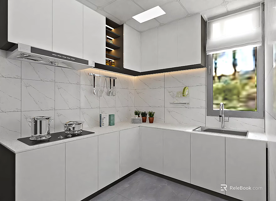 Modern Kitchen Interior With White Cabinets Marble Backsplash Window Countertop And Plants 3d model