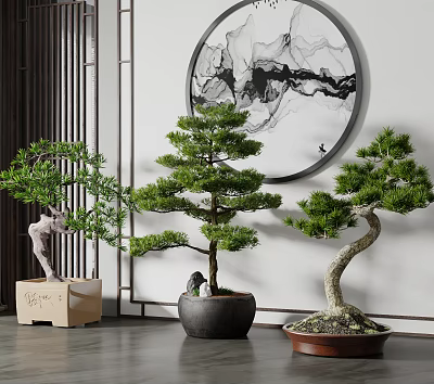Artistic Bonsai Trees in Indoor Decorative Setting with Circular Wall Art and Wooden Accents 3d model