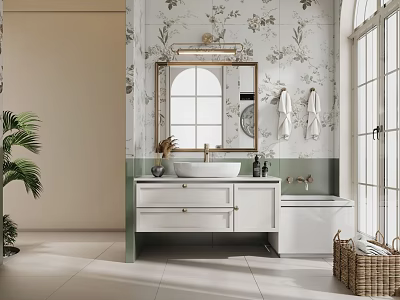 Elegant Bathroom Vanity With Floral Wallpaper Mirror Lighting White Countertop Bathtub And Green Plant 3d model