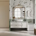 Elegant Bathroom Vanity With Floral Wallpaper Mirror Lighting White Countertop Bathtub And Green Plant