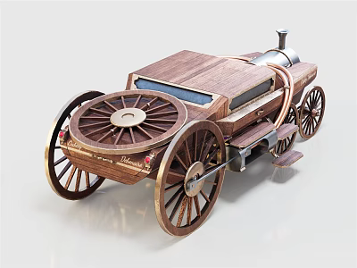 Vintage Wooden Steam-powered Carriage Featuring Large Spoked Wheels and Intricate Retro Design 3d model