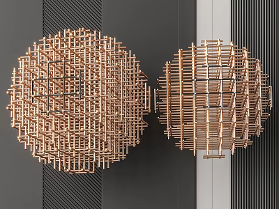Circular Metal Woven Golden Wall Hanging On Striped Wall With Dark And Light Shades 3d model