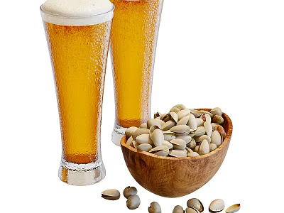 Cold Beer Glasses With Bottle And Pistachios For Happy Gathering Moments 3d model