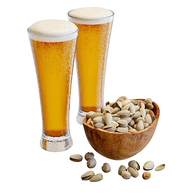 Cold Beer Glasses With Bottle And Pistachios For Happy Gathering Moments 3d model