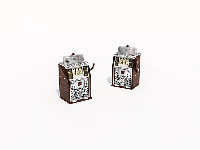 Two Vintage Slot Machine Models With Brown And White Classic Design 3d model