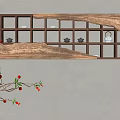 Wooden Chinese Antique Shelf with Teacups and Decorative Red Fruit Branch on Light Wall
