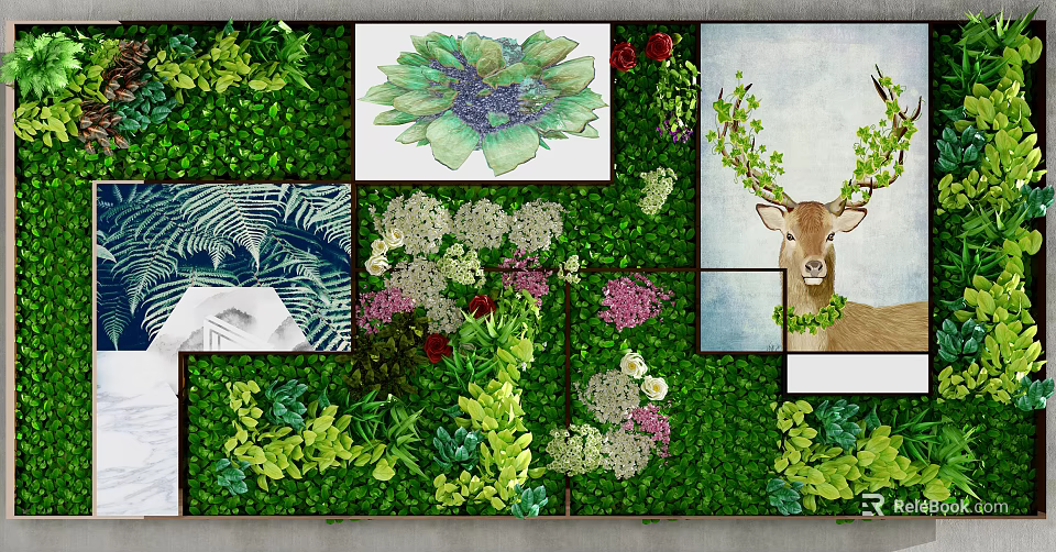 Green Living Wall With Diverse Green Plants And Decorative Artistic Elements 3d model 