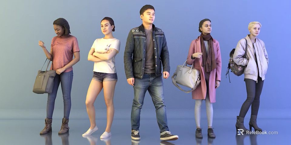 Diverse Group of People in Casual and Stylish Outfits Standing and Walking 3d model 