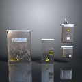 Computer Components With Silver Metal Casing And Yellow Warning Labels In Various Sizes 3d model