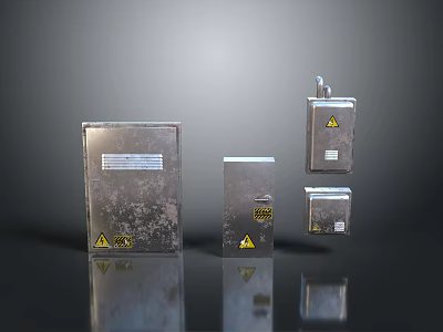 Computer Components With Silver Metal Casing And Yellow Warning Labels In Various Sizes 3d model