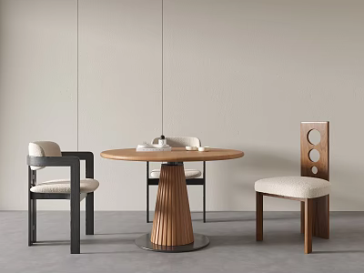Modern Round Wooden Table And Chair Set With Light Cushions And Minimalist Design 3d model
