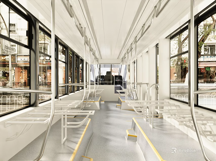 Modern Tram Interior With White Seats Handrails And Large Windows 3d model 