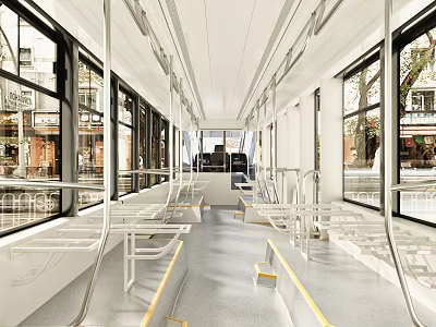Modern Tram Interior With White Seats Handrails And Large Windows 3d model