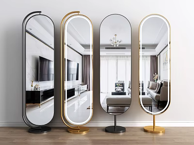 Modern Floor Mirrors With Gold And Black Frames Reflecting Living Room Interior 3d model