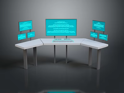 Modern Workstation Setup With Multiple Display Screens And Curved Desk Design 3d model