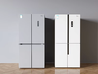 Two Gray and White Four Door Refrigerators for Modern Kitchen Design 3d model