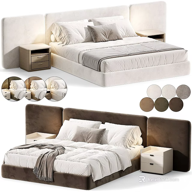 Modern Upholstered Double Bed Set With Matching Nightstands And Multiple Custom Fabric Colors 3d model 
