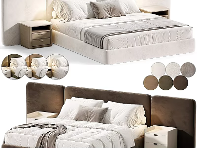 Modern Upholstered Double Bed Set With Matching Nightstands And Multiple Custom Fabric Colors 3d model