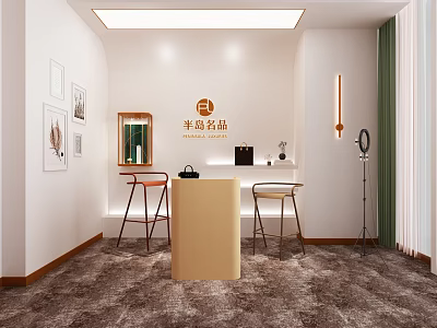 Public Office Space Interior Design with Counter Bar Stools Decorative Paintings Floor Lamp and Curtains 3d model