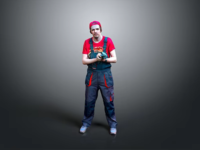 Man in Red Cap and Overalls Holding Power Tool Standing Against Gray Background 3d model