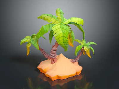 Cartoon Scene With Three Palm Trees And Green Leaves On Orange Sandy Island 3d model