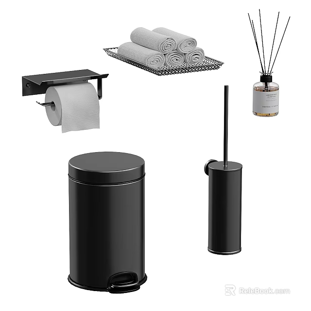 Black Toilet Bathroom Accessories Including Paper Holder Towel Rack Aromatic Diffuser Trash Can Brush Holder 3d model 