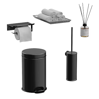 Black Toilet Bathroom Accessories Including Paper Holder Towel Rack Aromatic Diffuser Trash Can Brush Holder 3d model