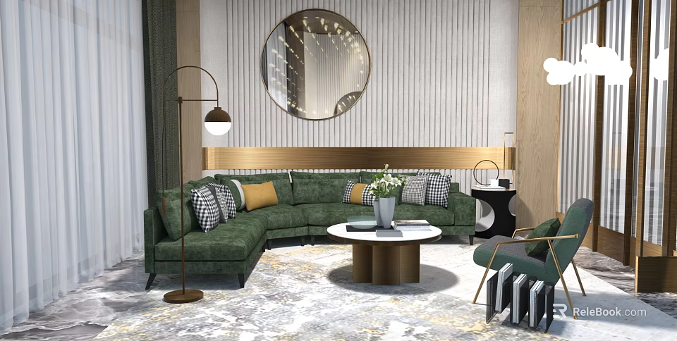 Modern L shaped Green Sofa and Coffee Table Set with Throw Pillows and Vase 3d model