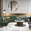 Modern L shaped Green Sofa and Coffee Table Set with Throw Pillows and Vase 3d model