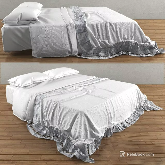Double bed with white gray bedding ruffled trim and patterned bedspread on wooden floor 3d model 
