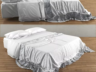 Double bed with white gray bedding ruffled trim and patterned bedspread on wooden floor 3d model