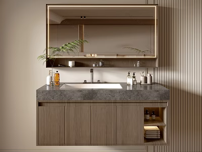 Modern Wooden Bathroom Vanity Cabinet with Grey Countertop Mirror and Toiletries 3d model